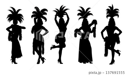 Black Solid Burlesque Dancer Silhouettes Set of Six on White Background 137691555