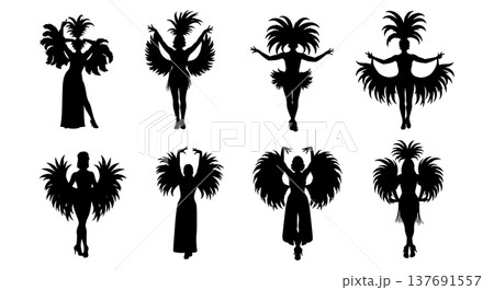 Black Solid Burlesque Dancer Silhouettes Set of Six on White Background Black Solid Burlesque Dancer Silhouettes Set of Six on White Background 137691557