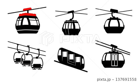 Black Solid Public Cable Cars and Gondola Lifts Silhouettes Set of Six on White Background 137691558