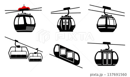 Black Solid Public Cable Cars and Gondola Lifts Silhouettes Set of Six on White Background 137691560