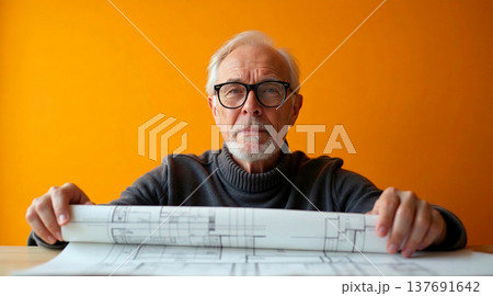 Senior architect or designer working with blueprints against a vibrant orange background. Concept of lifelong career, intellectual expertise, and modern senior style. Sharp textures and bold colors. 137691642