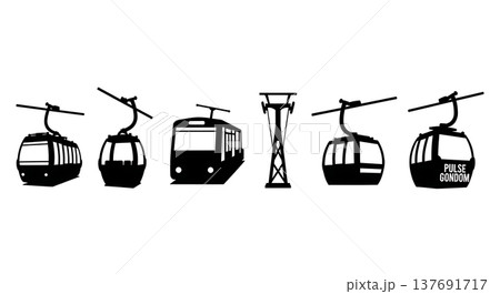 Black Solid Public Cable Cars and Gondola Lifts Silhouettes Set of Six on White Background Black Solid Public Cable Cars and Gondola Lifts Silhouettes Set of Six on White Background 137691717
