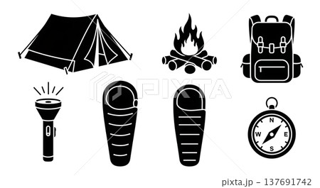 Black Solid Camping Gear Silhouettes Set of Six on White Background 137691742