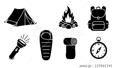 Black Solid Camping Gear Silhouettes Set of Six on White Background 137691745