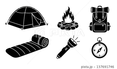 Black Solid Camping Gear Silhouettes Set of Six on White Background Black Solid Camping Gear Silhouettes Set of Six on White Background 137691746