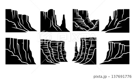 Black Solid Canyon and Gorge Rock Formation Silhouettes Black Solid Canyon and Gorge Rock Formation Silhouettes 137691776