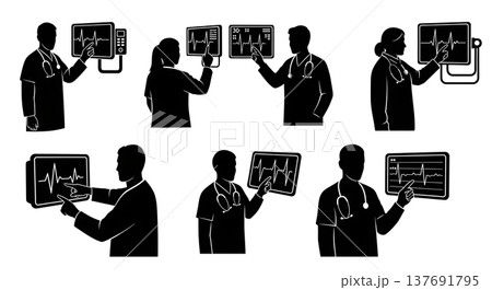 Black Solid Cardiologist Silhouettes Set of Six on White Background Black Solid Cardiologist Silhouettes Set of Six on White Background 137691795
