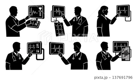 Black Solid Cardiologist Silhouettes Set of Six on White Background 137691796
