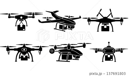Black Solid Modern Cargo Drones and Delivery UAVs Silhouettes Set of Six on White Background Black Solid Modern Cargo Drones and Delivery UAVs Silhouettes Set of Six on White Background 137691803