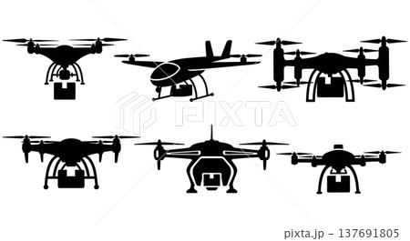 Black Solid Modern Cargo Drones and Delivery UAVs Silhouettes Set of Six on White Background Black Solid Modern Cargo Drones and Delivery UAVs Silhouettes Set of Six on White Background 137691805
