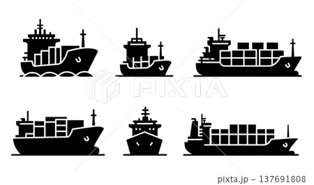 Black Solid Cargo Ships Silhouettes Set of Six on White Background 137691808