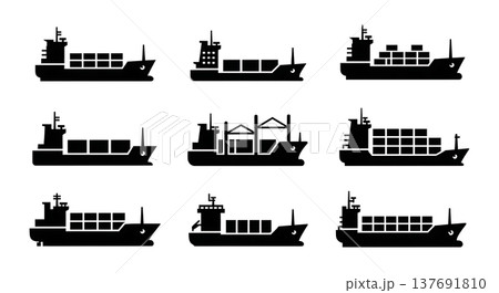 Black Solid Cargo Ships Silhouettes Set of Six on White Background 137691810
