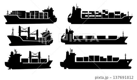 Black Solid Cargo Ships Silhouettes Set of Six on White Background 137691812
