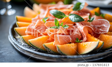 Juicy Food, Juicy cantaloupe slices vibrant orange served on a plate 137691813