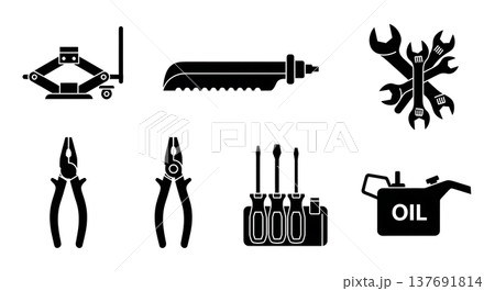 Black Solid Car Repair Tools Silhouettes Set of Six on White Background 137691814