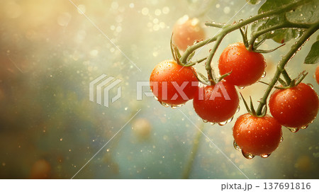 Juicy Food, Juicy cherry tomatoes on a vine glistening with dew 137691816