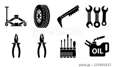 Black Solid Car Repair Tools Silhouettes Set of Six on White Background 137691817