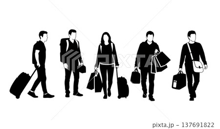 Black Solid Carrying Bags Silhouettes Set of Six on White Background 137691822