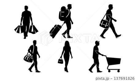 Black Solid Carrying Bags Silhouettes Set of Six on White Background 137691826