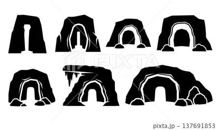 Black Solid Cave Entrance and Rock Shelter Silhouettes Black Solid Cave Entrance and Rock Shelter Silhouettes 137691853