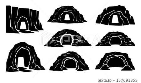 Black Solid Cave Entrance and Rock Shelter Silhouettes 137691855