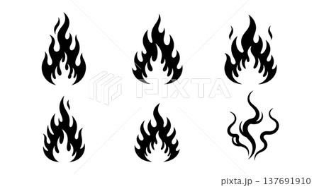 Black Solid Abstract Fire Silhouettes Set of Six on White Background Black Solid Abstract Fire Silhouettes Set of Six on White Background 137691910