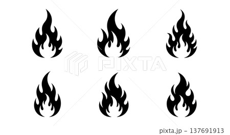 Black Solid Abstract Fire Silhouettes Set of Six on White Background Black Solid Abstract Fire Silhouettes Set of Six on White Background 137691913