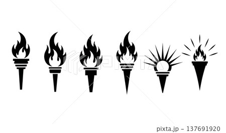 Black Solid Abstract Torch Silhouettes Set of Six on White Background 137691920