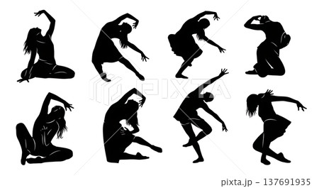Black Solid Abstract Dancer Silhouettes Set of Six on White Background Black Solid Abstract Dancer Silhouettes Set of Six on White Background 137691935