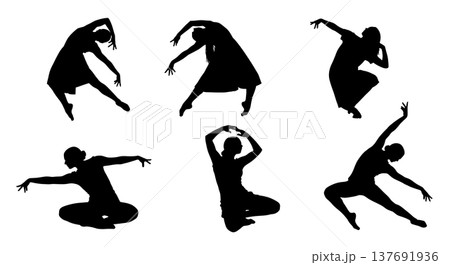 Black Solid Abstract Dancer Silhouettes Set of Six on White Background Black Solid Abstract Dancer Silhouettes Set of Six on White Background 137691936