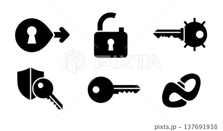 Black Solid Abstract Key Silhouettes Set of Six on White Background Black Solid Abstract Key Silhouettes Set of Six on White Background 137691938