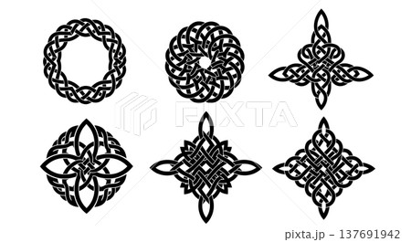Black Solid Abstract Knot Silhouettes Set of Six on White Background 137691942