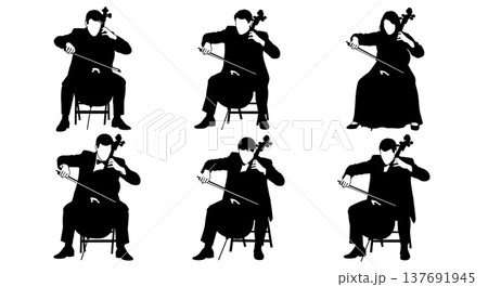 Black Solid Cello Player Silhouettes Set of Six on White Background 137691945