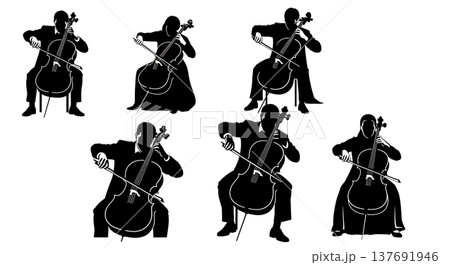 Black Solid Cello Player Silhouettes Set of Six on White Background Black Solid Cello Player Silhouettes Set of Six on White Background 137691946