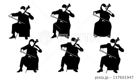 Black Solid Cello Player Silhouettes Set of Six on White Background Black Solid Cello Player Silhouettes Set of Six on White Background 137691947