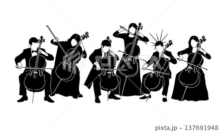 Black Solid Cello Player Silhouettes Set of Six on White Background Black Solid Cello Player Silhouettes Set of Six on White Background 137691948
