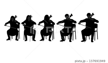 Black Solid Cellist Silhouettes Set of Six on White Background Black Solid Cellist Silhouettes Set of Six on White Background 137691949