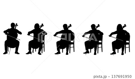 Black Solid Cellist Silhouettes Set of Six on White Background Black Solid Cellist Silhouettes Set of Six on White Background 137691950