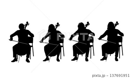 Black Solid Cellist Silhouettes Set of Six on White Background Black Solid Cellist Silhouettes Set of Six on White Background 137691951