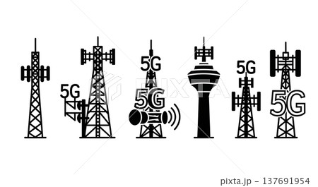 Black Solid 5G Tower Silhouettes Set of Six on White Background Black Solid 5G Tower Silhouettes Set of Six on White Background 137691954