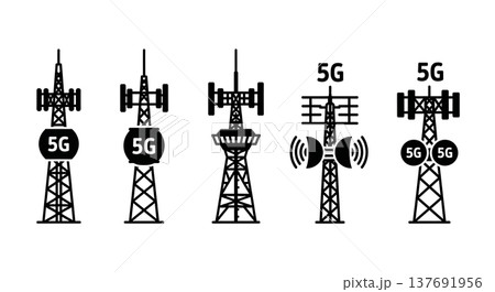 Black Solid 5G Tower Silhouettes Set of Six on White Background Black Solid 5G Tower Silhouettes Set of Six on White Background 137691956