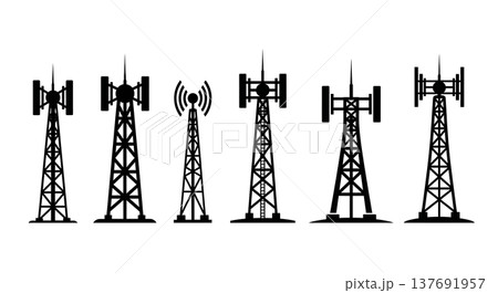 Black Solid 5G Tower Silhouettes Set of Six on White Background Black Solid 5G Tower Silhouettes Set of Six on White Background 137691957
