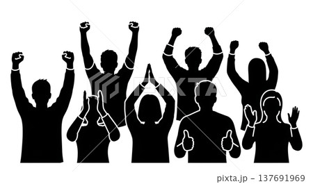 Black Solid Cheering People Silhouettes Set of Six on White Background Black Solid Cheering People Silhouettes Set of Six on White Background 137691969