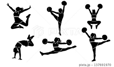 Black Solid Cheerleader Silhouettes Set of Six on White Background 137691970