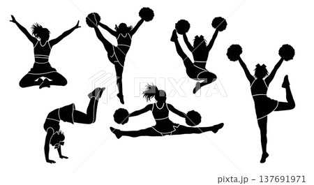 Black Solid Cheerleader Silhouettes Set of Six on White Background 137691971