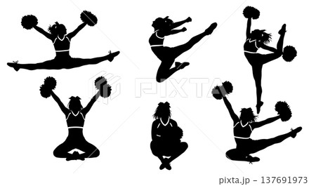 Black Solid Cheerleader Silhouettes Set of Six on White Background 137691973