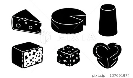 Black Solid Cheese Silhouettes Set of Six on White Background Black Solid Cheese Silhouettes Set of Six on White Background 137691974