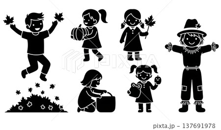 Black Solid Children in Autumn Activities Silhouette Collection Black Solid Children in Autumn Activities Silhouette Collection 137691978