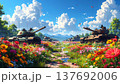 破壊された戦車と花畑 137692006