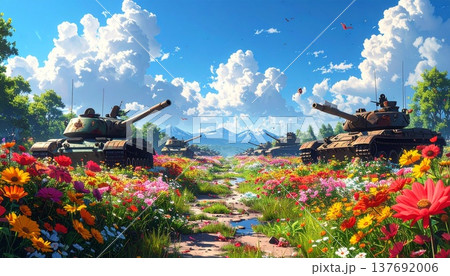 破壊された戦車と花畑 137692006